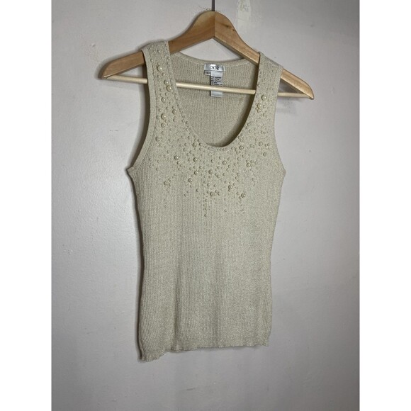 Cache Women's Large Cream Metallic Pearl Detail Sleeveless Ribbed Tank Top VTG - Picture 2 of 5
